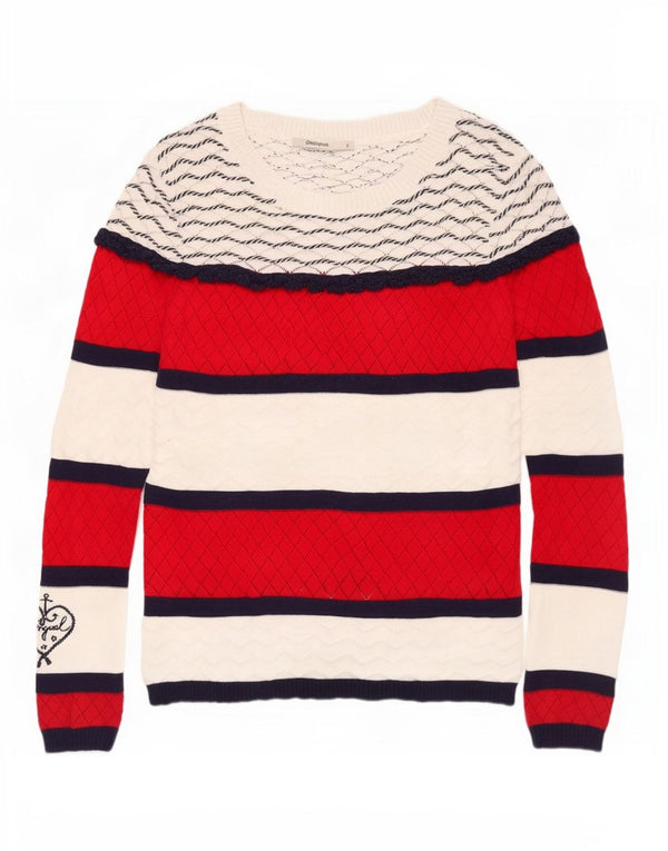 Desigual Damen-Pullover mit U-Boot-Ausschnitt, UK 10, Größe S, weiß, gestreift, Baumwolle