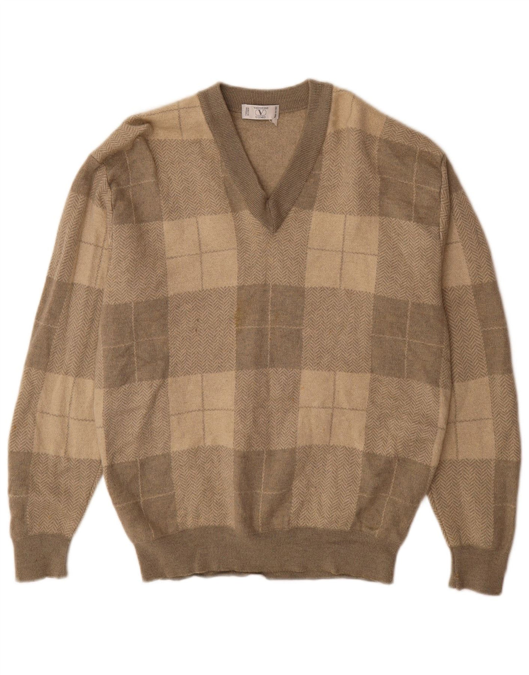 VALENTINO Herren-Pullover mit V-Ausschnitt, XL, graue Patchwork-Wolle