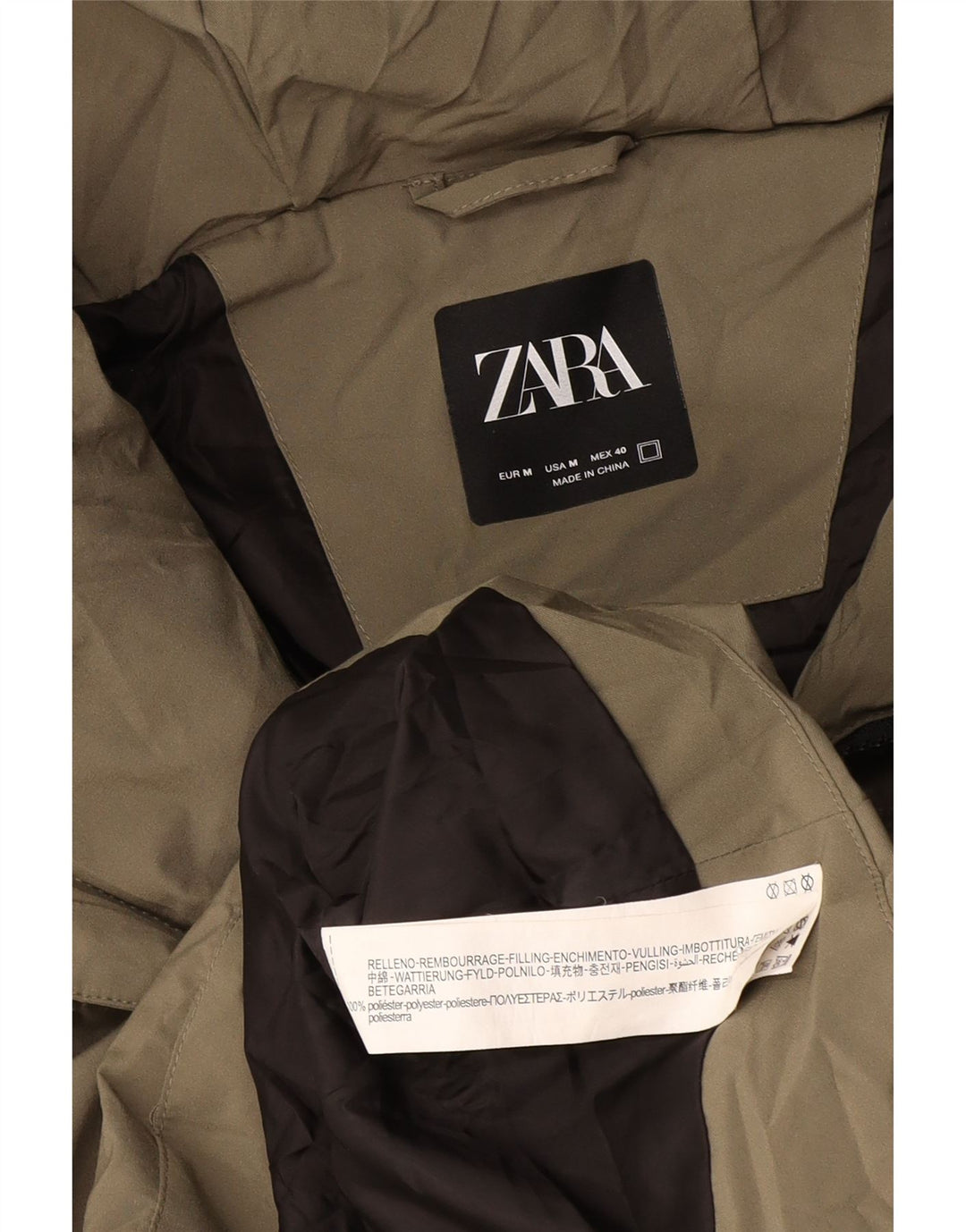 Zara Herren-Jacke mit Kapuze, gepolstert, UK 38, Mittel-Khaki, Polyester
