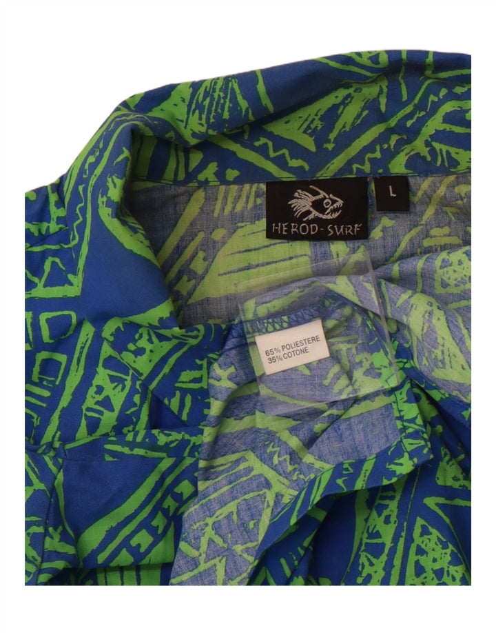 VINTAGE Herren Kurzarmhemd Großes blaues geometrisches Polyester