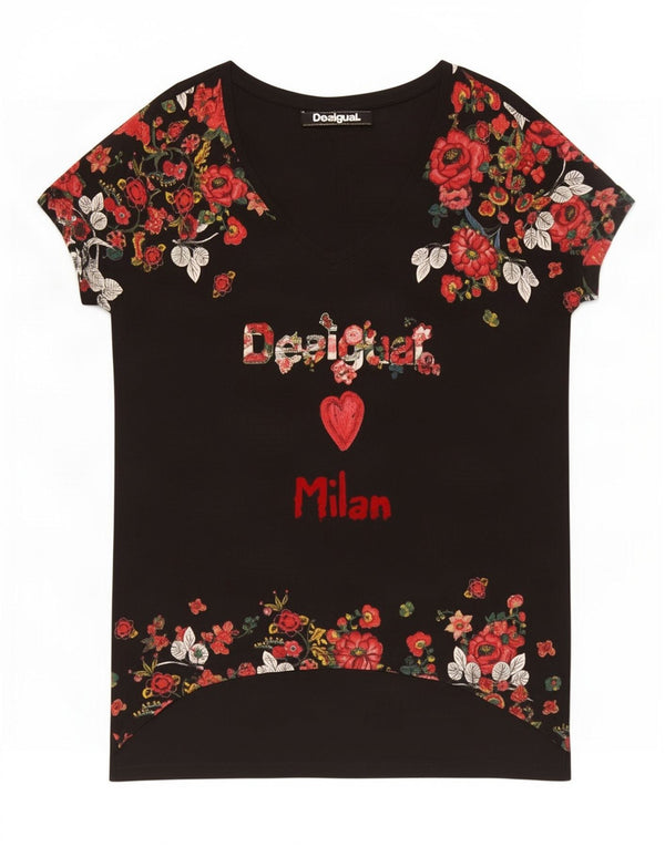 Desigual Damen Grafik-T-Shirt-Kleid UK 18 XL Schwarz geblümte Viskose
