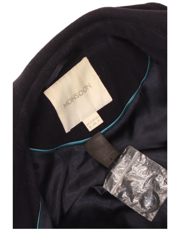 Monsoon Damen Zweireihiger Mantel UK 8 Small Marineblaue Wolle