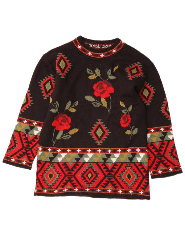 KOOKAI Damen-Pullover mit Rundhalsausschnitt, UK 14, mittlere schwarze Wolle mit Blumenmuster