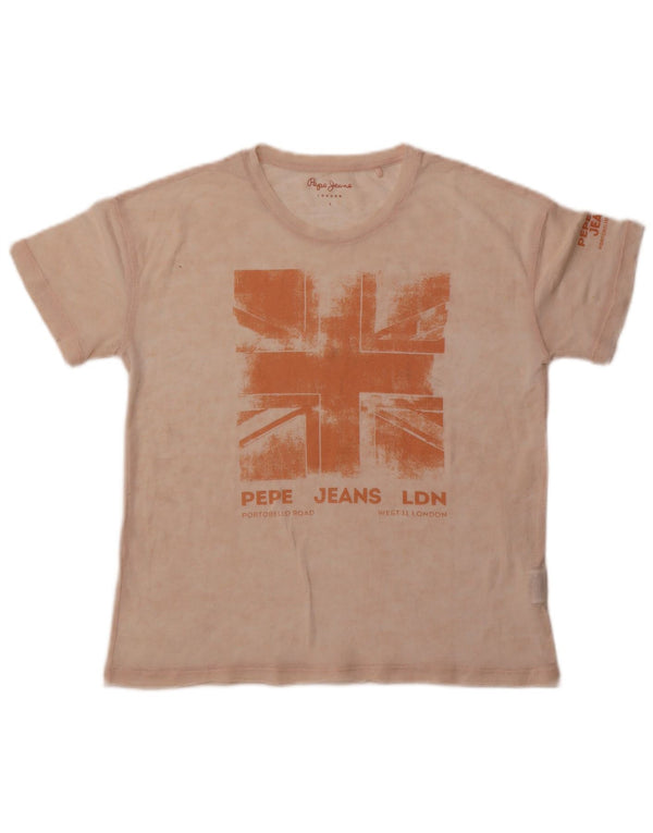PEPE Jeans Damen Übergroßes grafisches T-Shirt-Oberteil UK 10 Small Beige Baumwolle