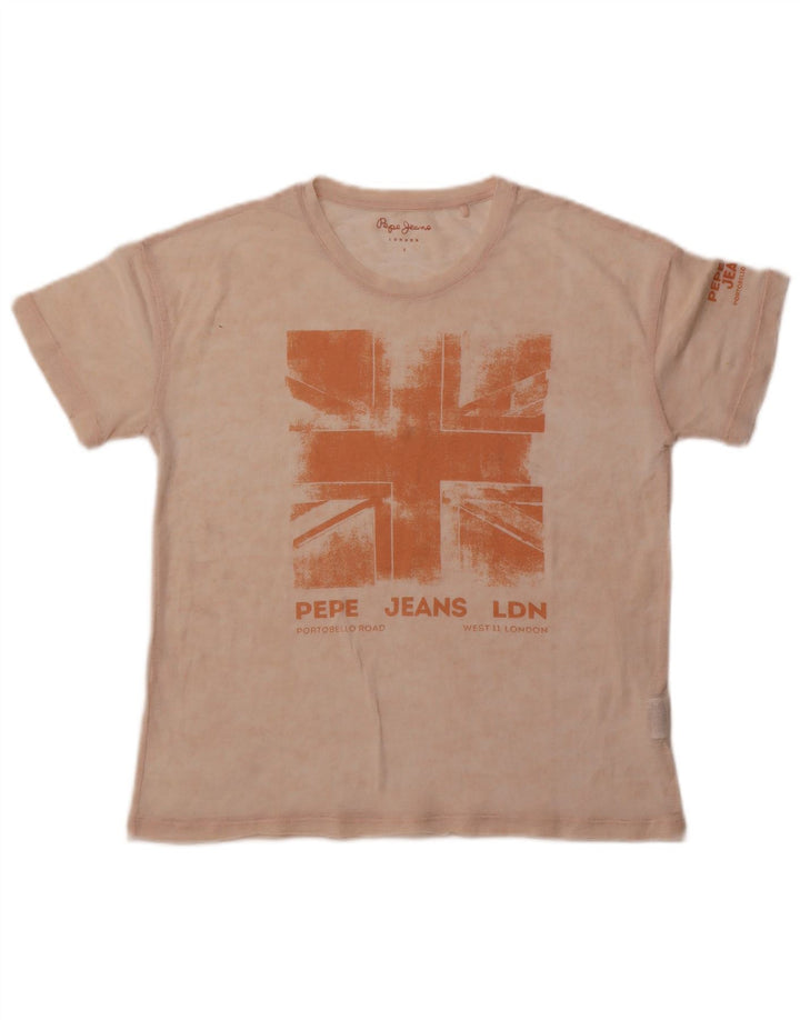 PEPE Jeans Damen Übergroßes grafisches T-Shirt-Oberteil UK 10 Small Beige Baumwolle