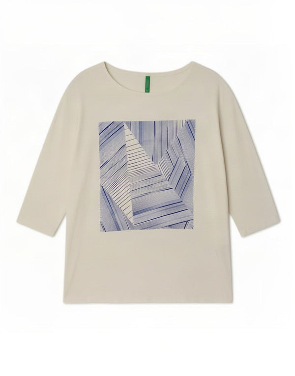 Benetton Womens Graphic 3/4 Sleeve Tunic Top UK 14 Mittelweiße Baumwolle