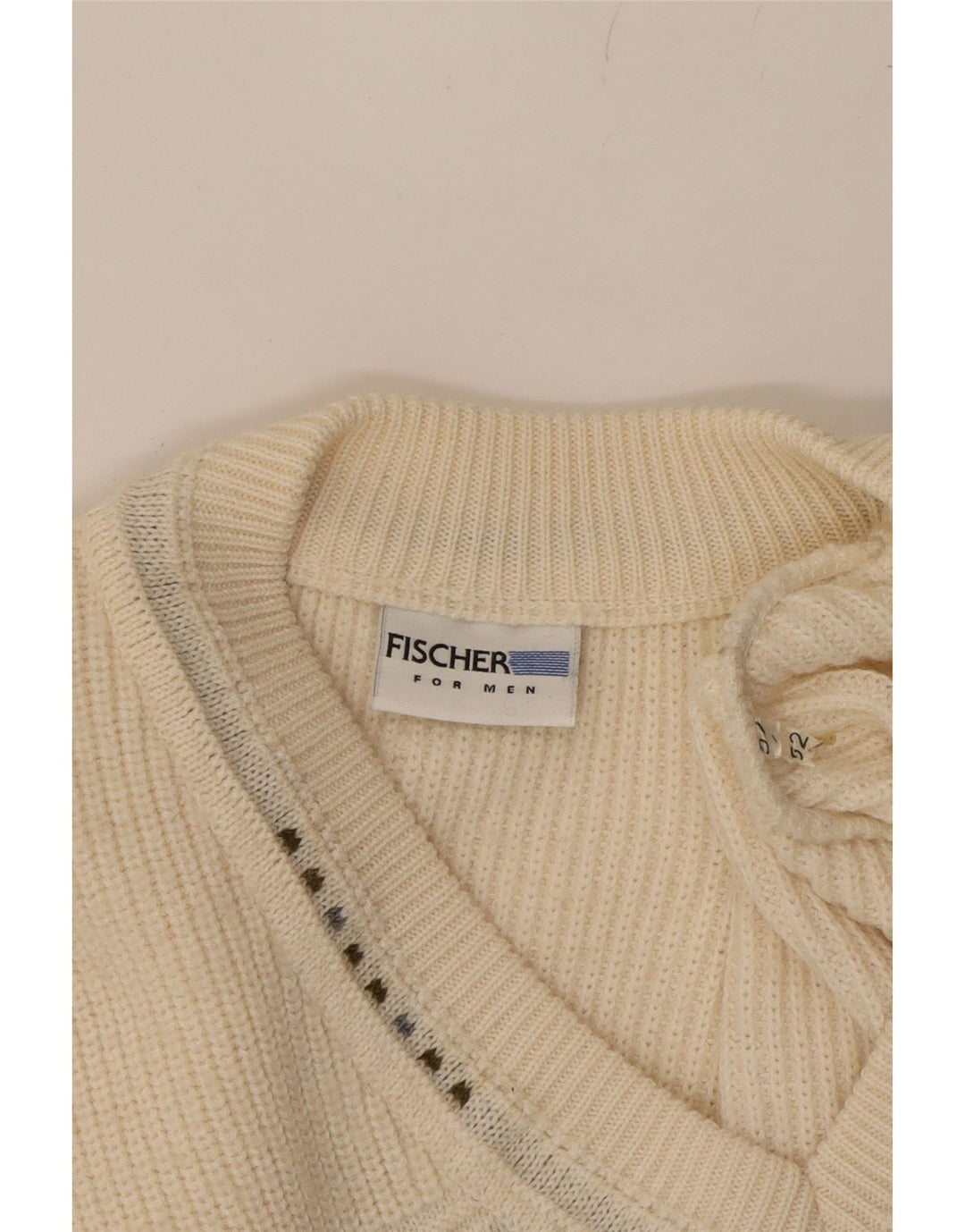 FISCHER Mens V-Neck Jumper Sweater IT 52 Large Beige Geometric Polyacrylic Vintage Fischer and Second-Hand Fischer from Messina Hembry 