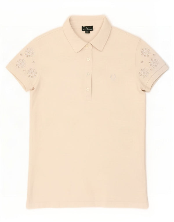 Fred Perry Damen-Poloshirt UK 12 Mittelweiße geblümte Baumwolle