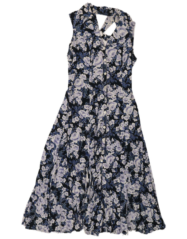 Vintage Damen Ärmelloses Hemdkleid UK 12 Mittelblau geblümt