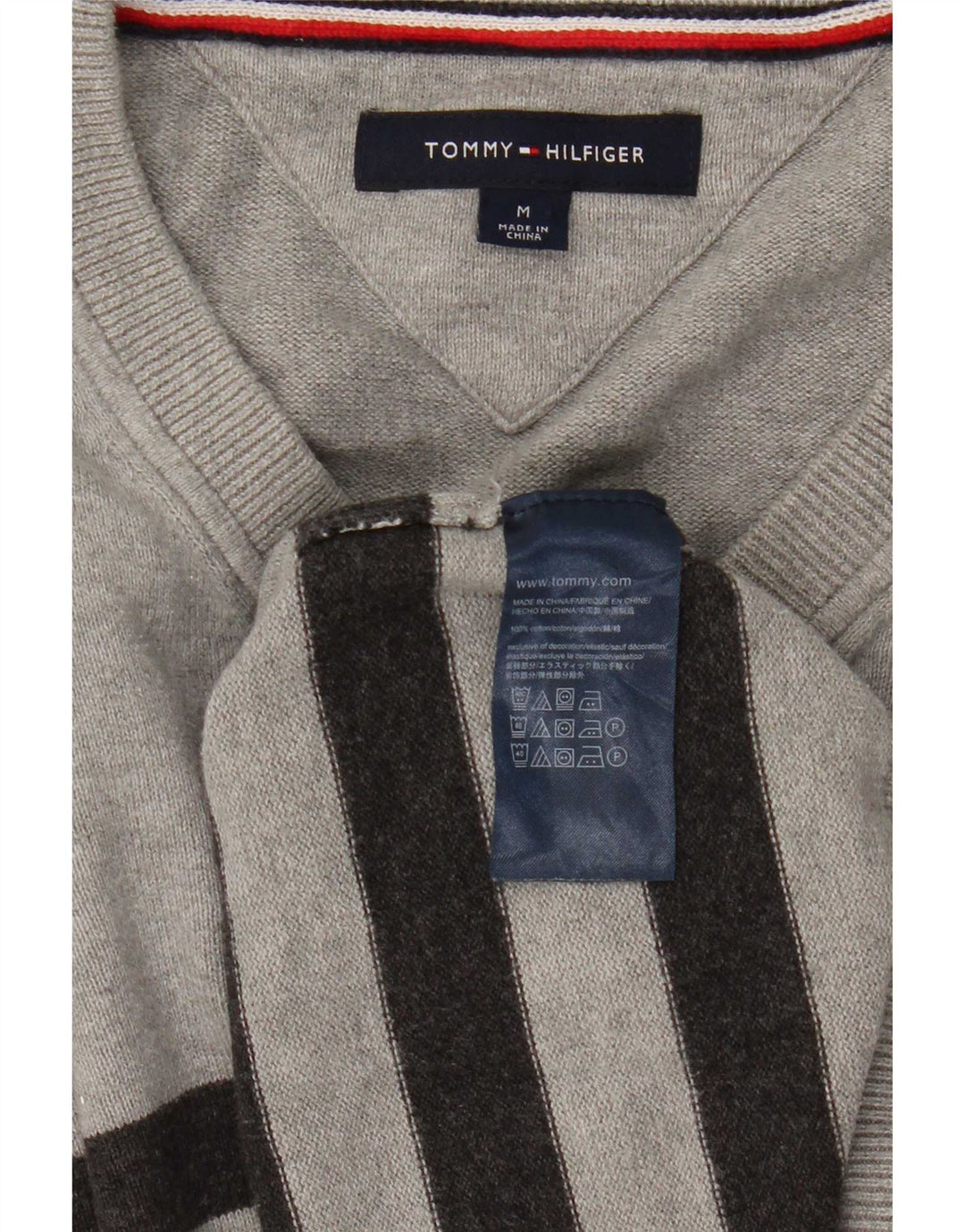 Tommy Hilfiger Herren-Pullover mit V-Ausschnitt, mittelgrau, gestreift, Baumwolle