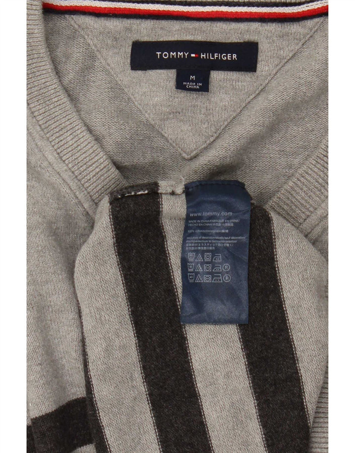 Tommy Hilfiger Herren-Pullover mit V-Ausschnitt, mittelgrau, gestreift, Baumwolle