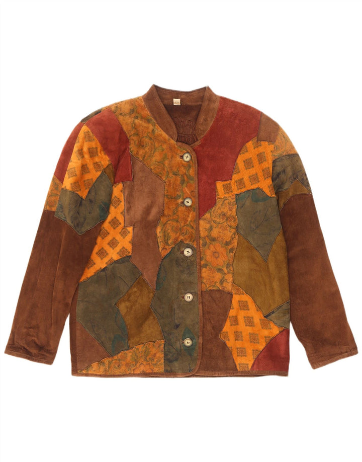 Landhaus Damen Loose Fit Wildlederjacke UK 12 Mittelbraunes Patchwork-Leder