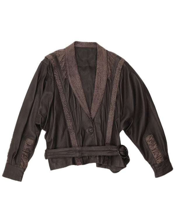 VINTAGE Damen Lederjacke IT 48 XL Schwarzes geometrisches Leder