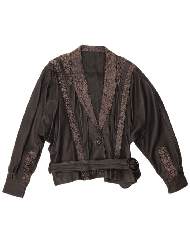 VINTAGE Damen Lederjacke IT 48 XL Schwarzes geometrisches Leder