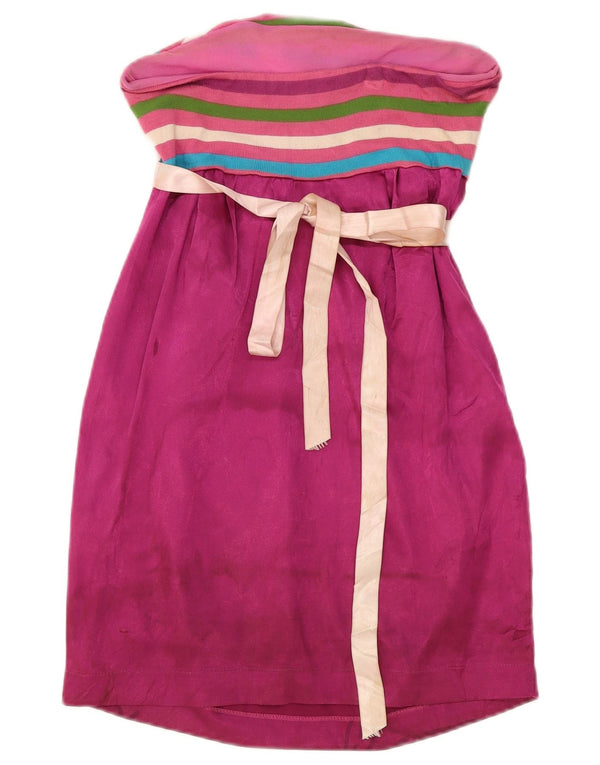 Vintage Damen Trägerloses Kleid UK 12 Mittelrosa gestreift Polyester