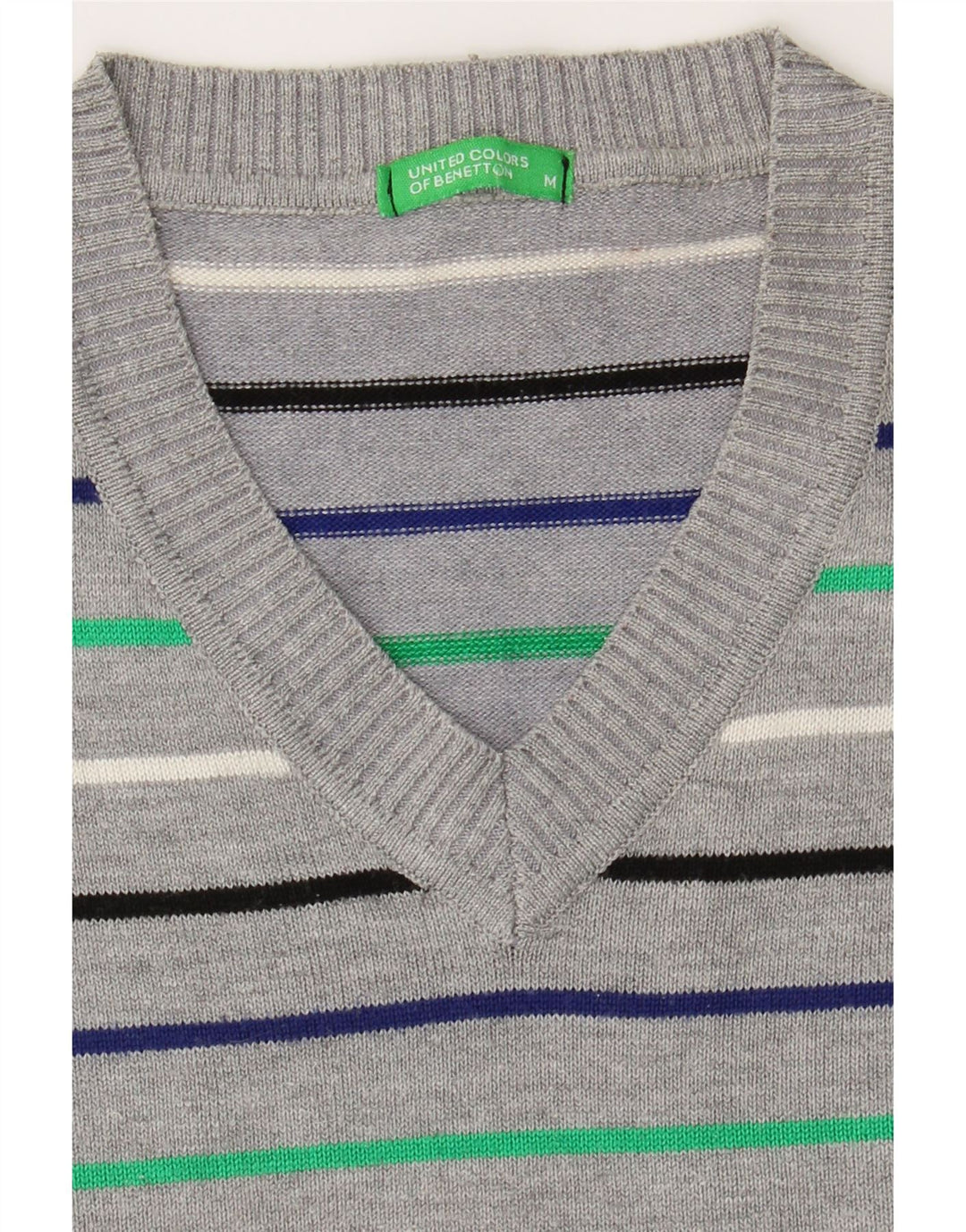 BENETTON Womens V-Neck Jumper Sweater UK 12 Medium Grey Striped Vintage Benetton and Second-Hand Benetton from Messina Hembry 