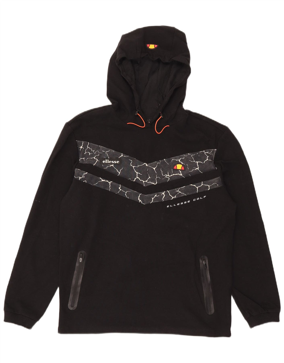 Ellesse Herren-Kapuzenpullover, groß, schwarze geometrische Baumwolle