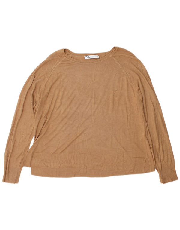 Zara Damen-Pullover mit U-Boot-Ausschnitt, Gr. 18, XL, braune Viskose