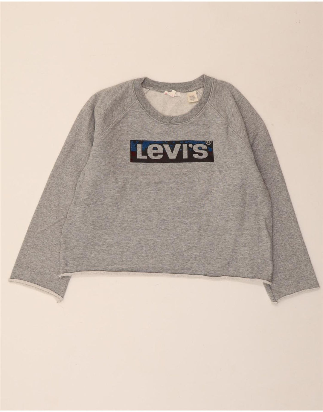 LEVI'S Damen Crop Graphic Sweatshirt Pullover UK 16 Large Grau meliert
