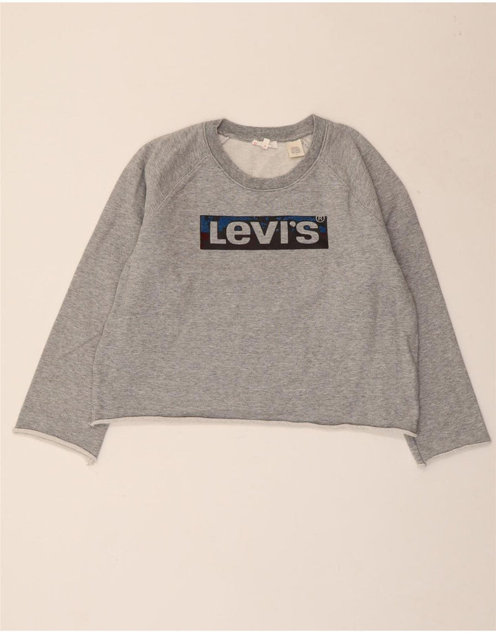 LEVI'S Damen Crop Graphic Sweatshirt Pullover UK 16 Large Grau meliert