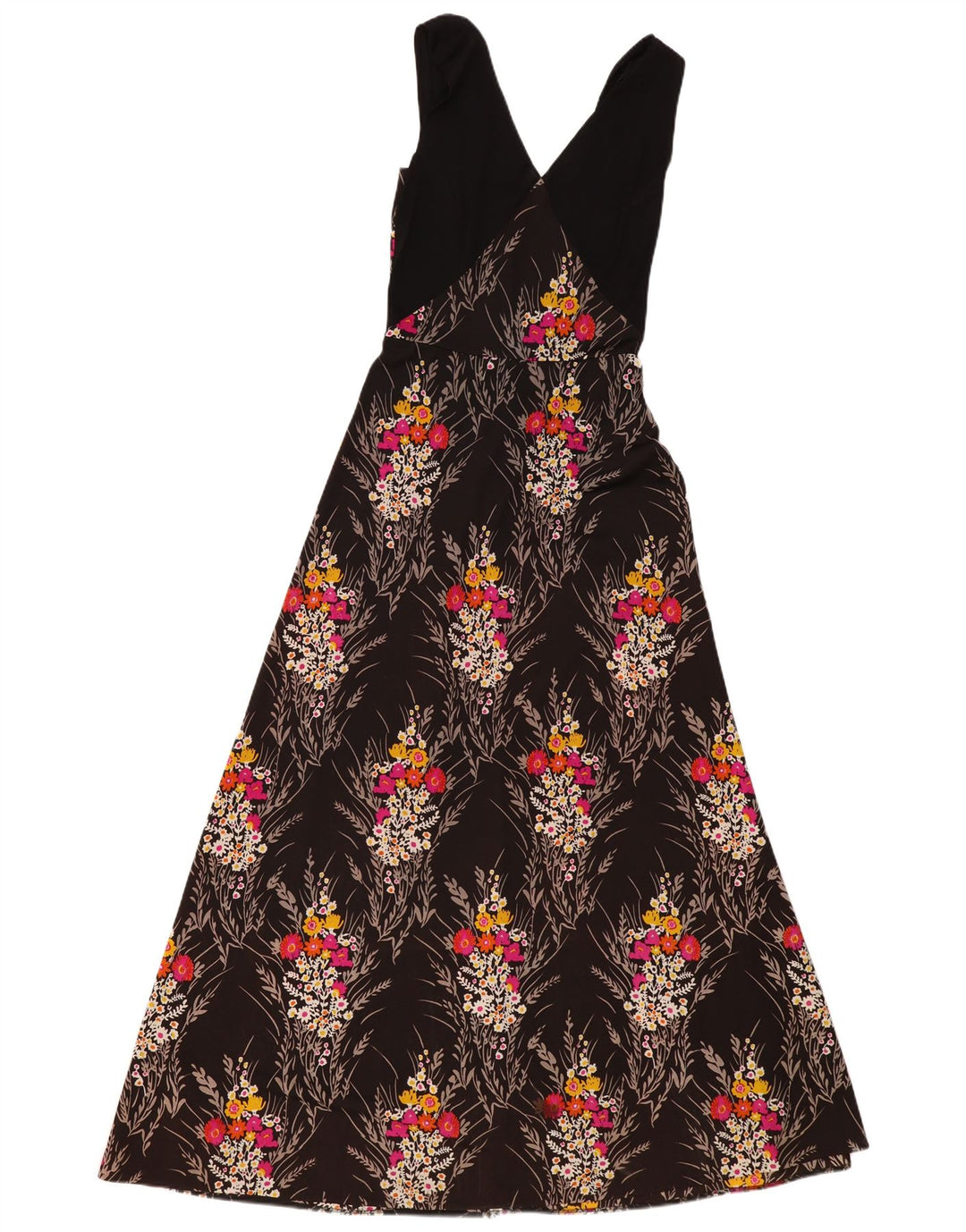 VINTAGE Damen Ärmelloses Maxikleid UK 4 XS Schwarz geblümt