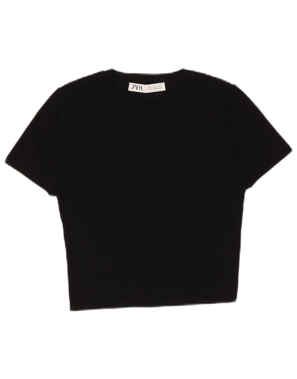 Zara Damen Crop T-Shirt Top UK 12 Medium Schwarz Viskose