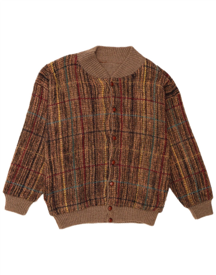Vintage Herren-Cardigan-Pullover, großes braunes Karo-Acryl