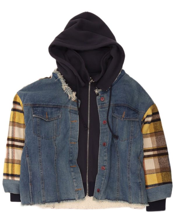 Vintage Herren-Sherpa-Jacke mit Kapuze, UK 42, XL, blau kariert, Baumwolle