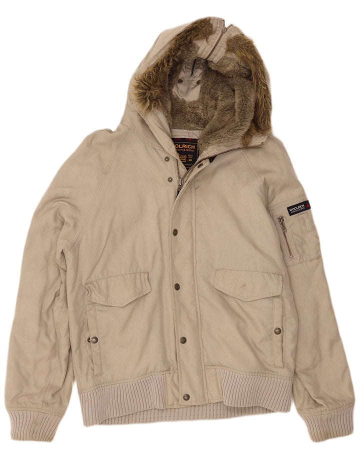 Woolrich Herren-Bomberjacke mit Kapuze, UK 38, mittelbeigefarbenes Nylon
