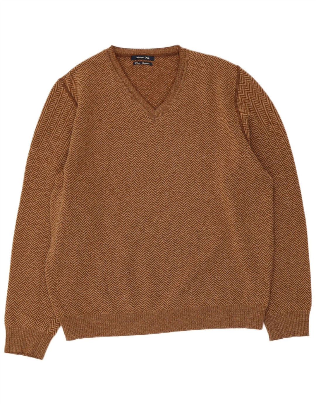 Massimo Dutti Herren-Pullover mit V-Ausschnitt, große braune Wolle mit Fischgrätenmuster