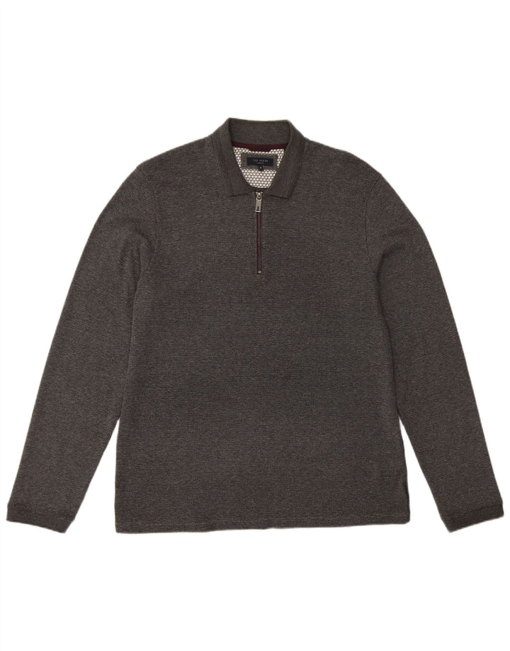 TED BAKER Herren London Langarm-Poloshirt, Größe 5 XL, graue Baumwolle