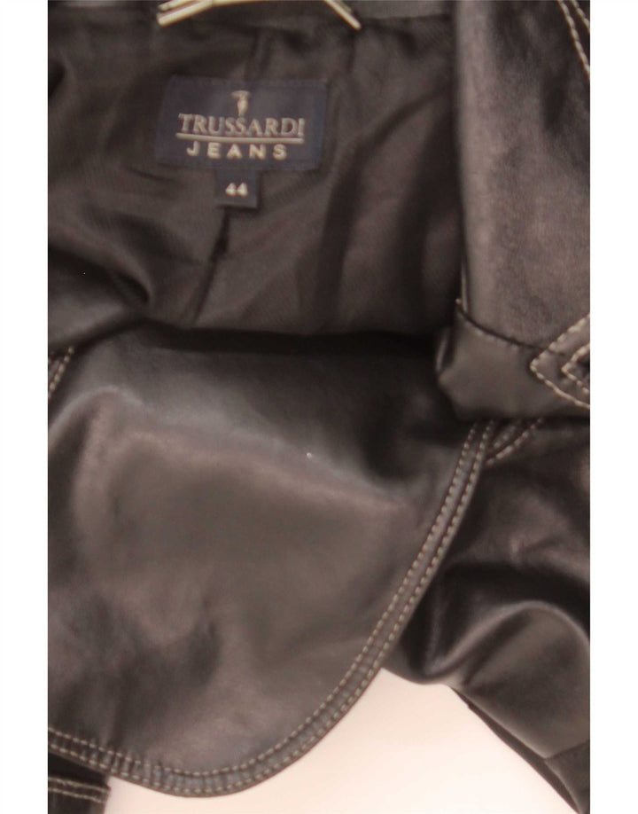 Trussardi Jeans Damen 2-Knopf-Lederblazer UK 44 Mittelschwarz