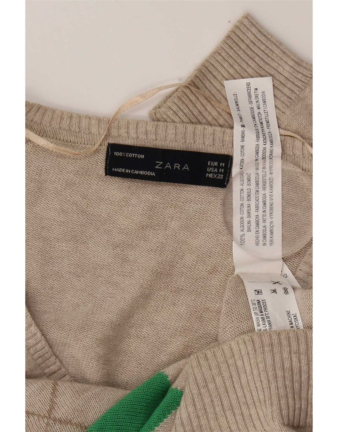 Zara Damen-Pullover mit V-Ausschnitt, UK 12, mittelgraue Argyle-/Diamant-Baumwolle