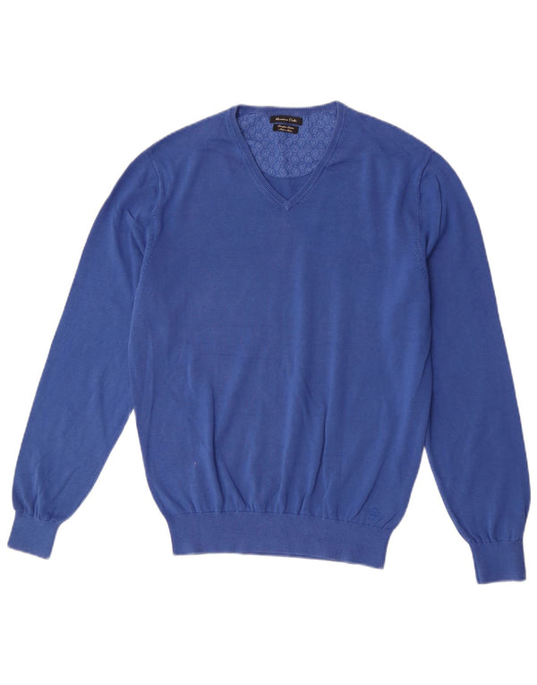 Massimo Dutti Mens V-Neck Jumper Sweater Medium Blue Cotton