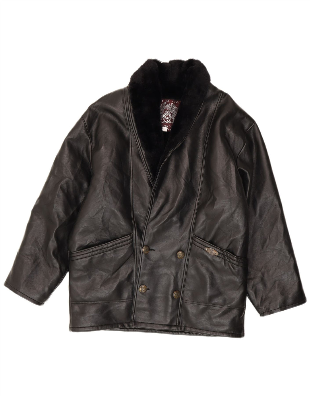 Vintage Herren-Jacke aus zweireihigem Lammfell, UK 40, großes schwarzes Lammfell