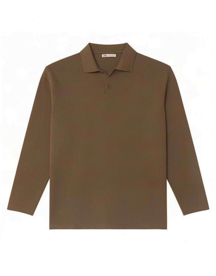 Zara Herren Langarm-Poloshirt Mittelbraune Viskose