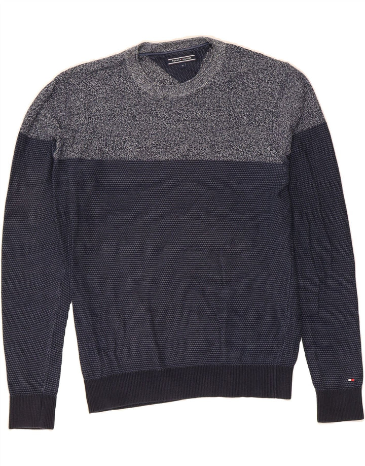 TOMMY HILFIGER Mens Crew Neck Jumper Sweater Medium Navy Blue Colourblock Vintage Tommy Hilfiger and Second-Hand Tommy Hilfiger from Messina Hembry 