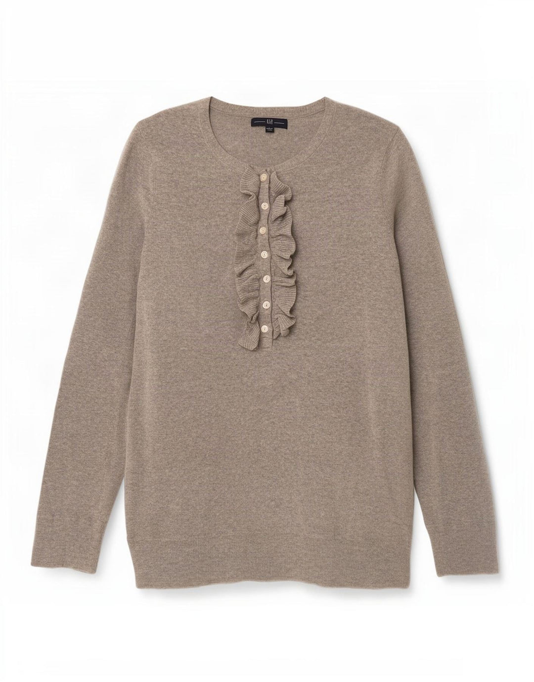 Gap Damen-Pullover mit Rüschen vorne und Knopfkragen, Gr. 44, Größe L, Grau, Baumwolle