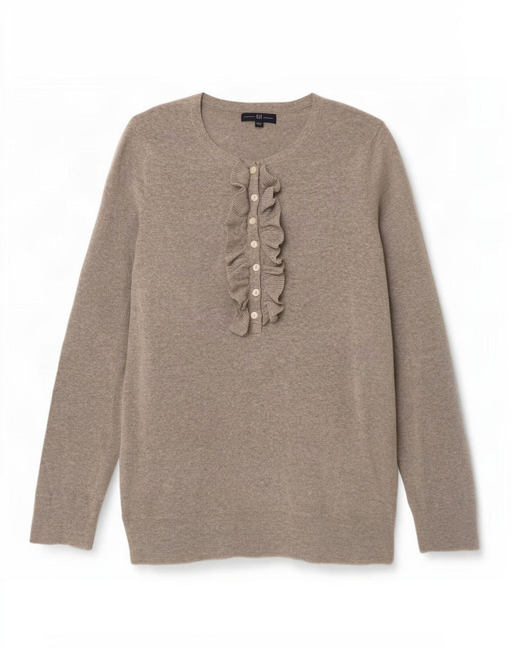 Gap Damen-Pullover mit Rüschen vorne und Knopfkragen, Gr. 44, Größe L, Grau, Baumwolle