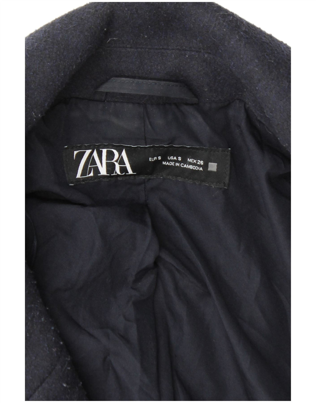 Zweireihiger Herrenmantel von Zara, UK 36, Größe S, Marineblau, Polyester
