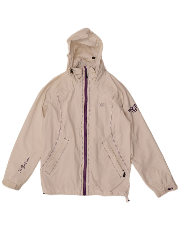 Helly Hansen Womens Graphic Hooded Rain Jacket UK 10 Small Weiß Polyamid
