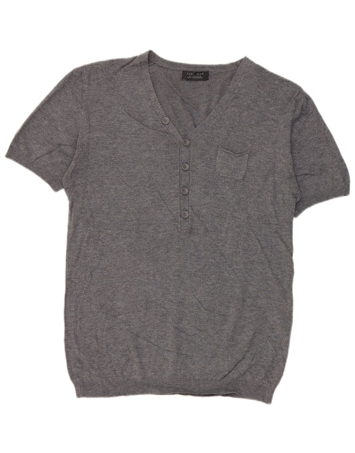 Kurzärmliger Herren-Pullover mit V-Ausschnitt von Zara, mittelgraue Viskose