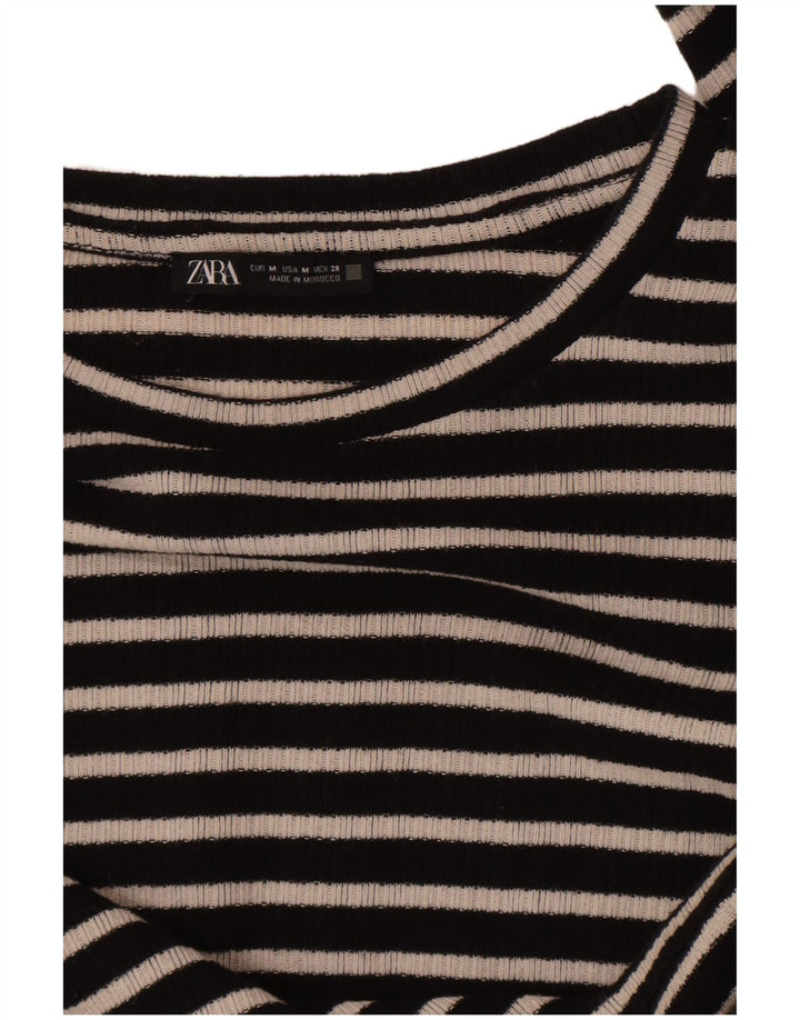Zara Damen Crop Top Langarm UK 12 Medium Schwarz gestreift