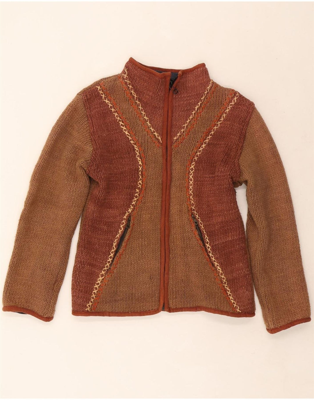 Vintage Damen Cardigan Pullover UK 12 Mittelbraun Farbblock