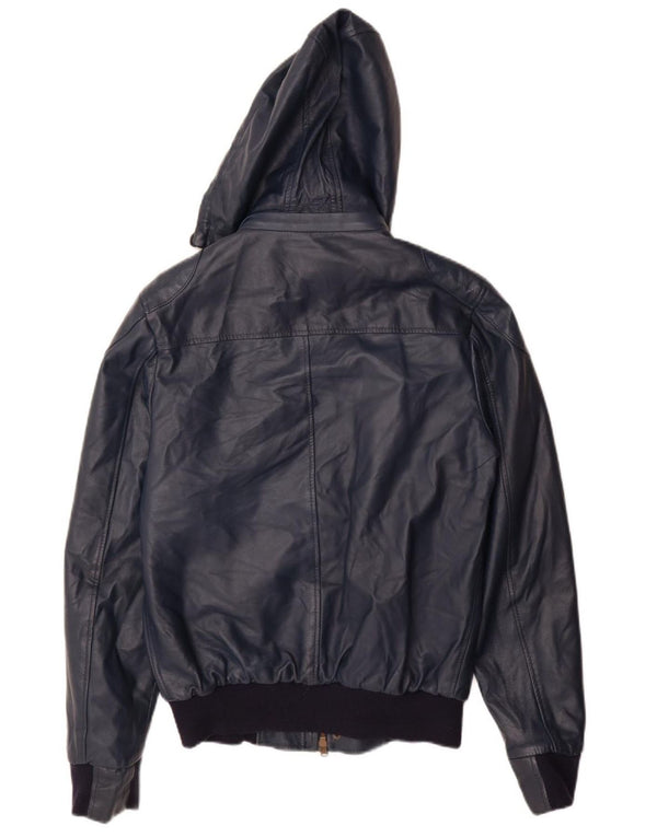 VINTAGE Damen-Lederjacke mit Kapuze, UK 14, großes marineblaues Leder