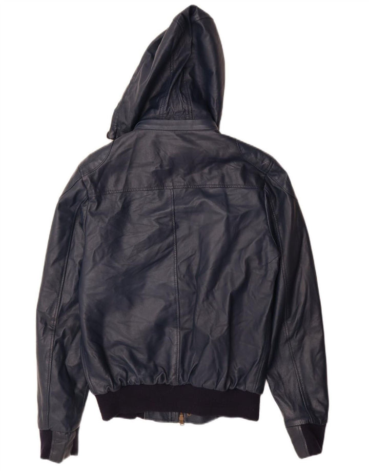 VINTAGE Damen-Lederjacke mit Kapuze, UK 14, großes marineblaues Leder