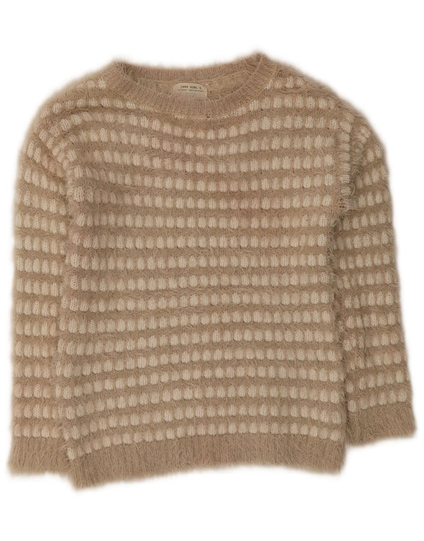 Zara Mädchen-Pullover mit U-Boot-Ausschnitt, 13–14 Jahre, beige kariertes Acryl