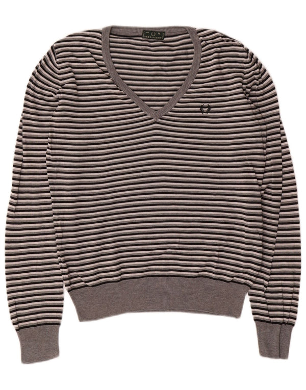 Fred Perry Damen-Pullover mit V-Ausschnitt, UK 14, mittelgrau, gestreift, Baumwolle