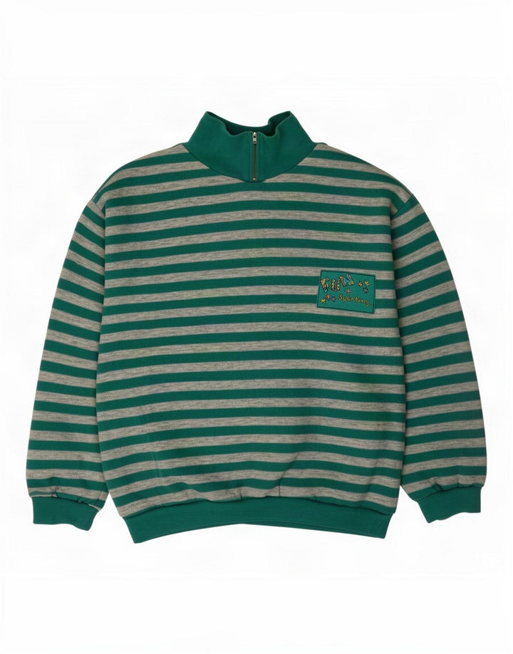 Sportlicher Damen-Sweatshirtpullover mit Reißverschluss am Hals, Größe 44/46, groß, grün gestreift