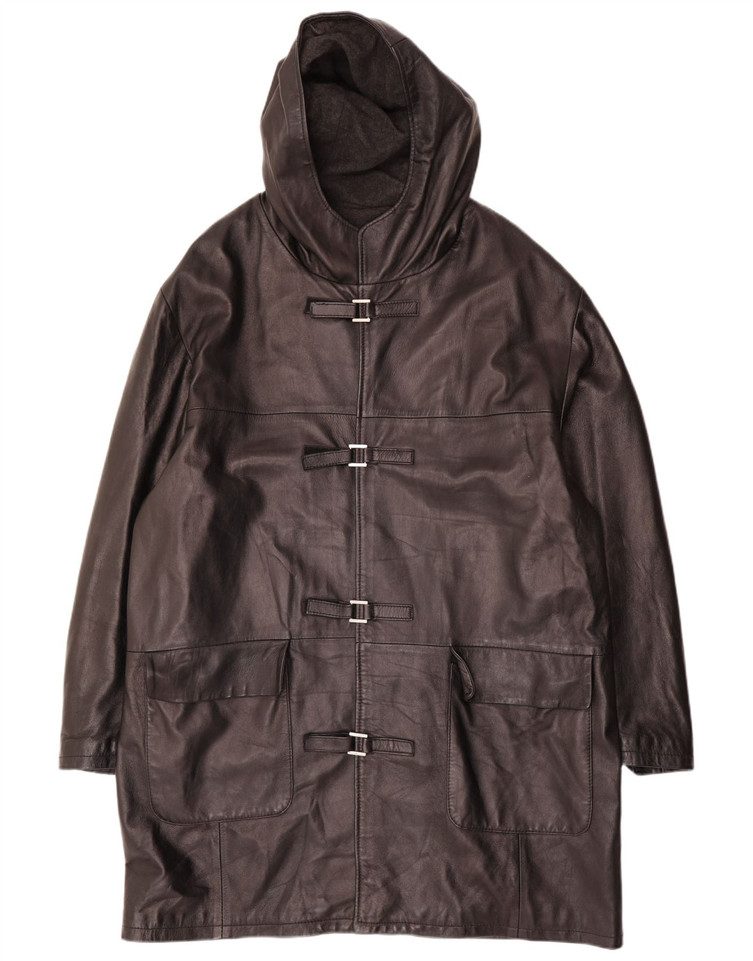 Vintage Herren Duffle Lederjacke mit Kapuze IT 54 2XL Schwarzes Leder
